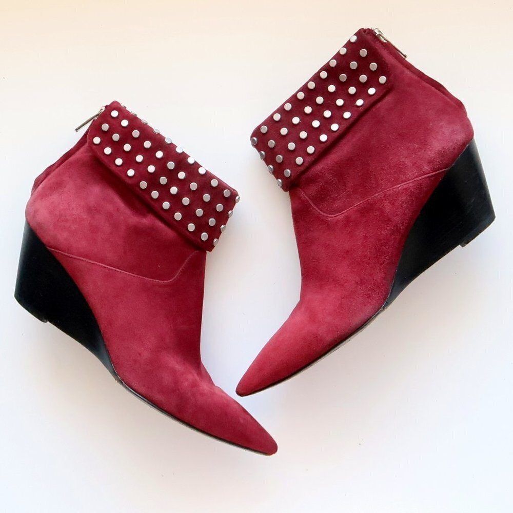 Sigerson Morrison Burgundy Suede Leather Pointy Wedge Heel Ankle Boots Booties